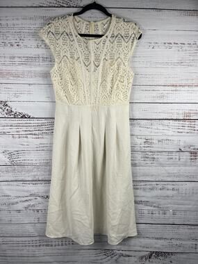 Ba&sh Prima Dress Women's SZ Large Off White Lace Overlay Pleated Midi Ecru New